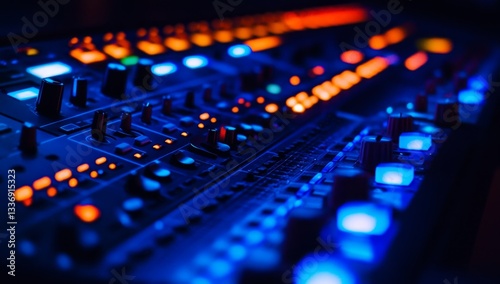 Professional audio mixing console in use.  Brightly lit controls and faders create a dynamic look photo