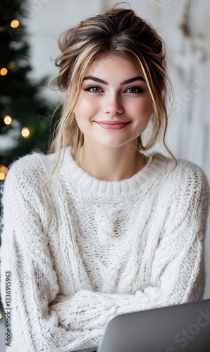 Charming blonde with blue eyes, wearing white sweater, smiles warmly. Holiday lights softly blur in background