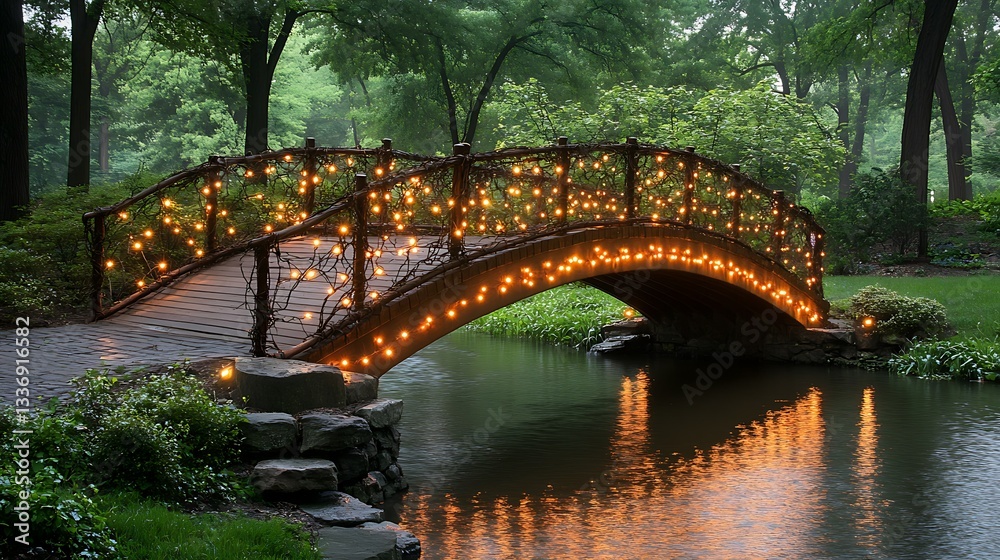 Illuminated bridge over calm water, lush park