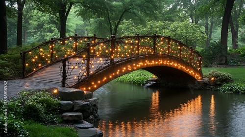 Obraz na płótnie Illuminated bridge over calm water, lush park w salonie
