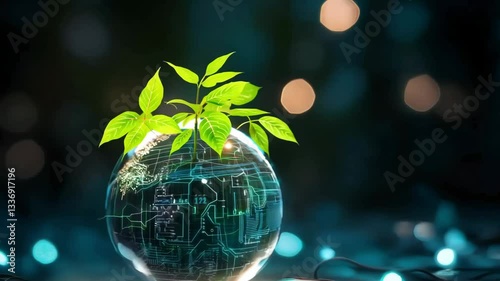 Glowing eco-friendly seedling emerging from a glass globe reflecting the night sky,symbolizing the potential for a sustainable,technologically-advanced future. A magical.