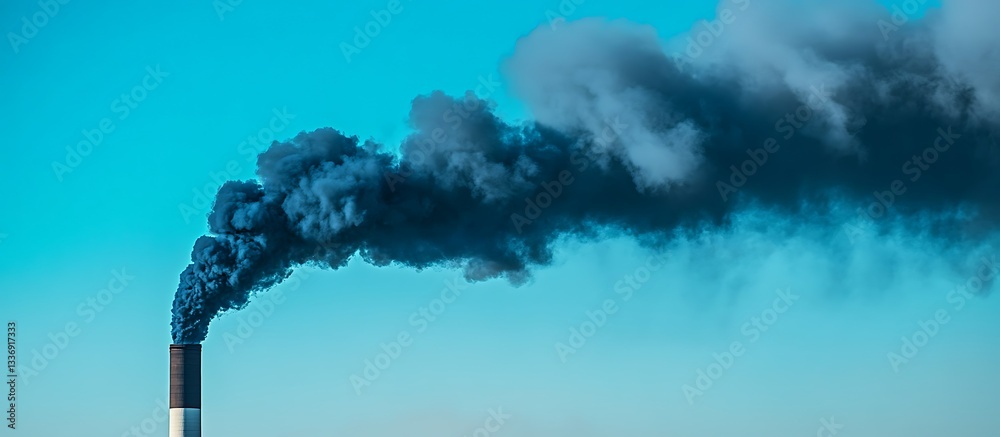 Dark smoke plume from industrial chimney against blue sky
