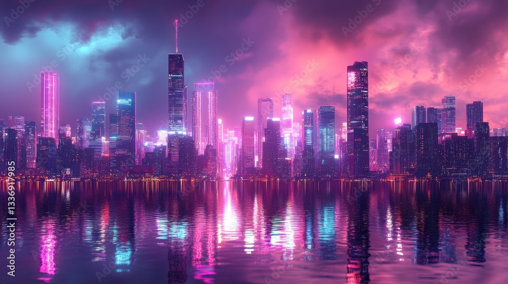 Fototapeta premium Neon Cityscape Reflection: A futuristic metropolis at night, shimmering with vibrant pink and blue lights, its reflection perfectly mirrored in the tranquil waters below. A breathtaking panorama.