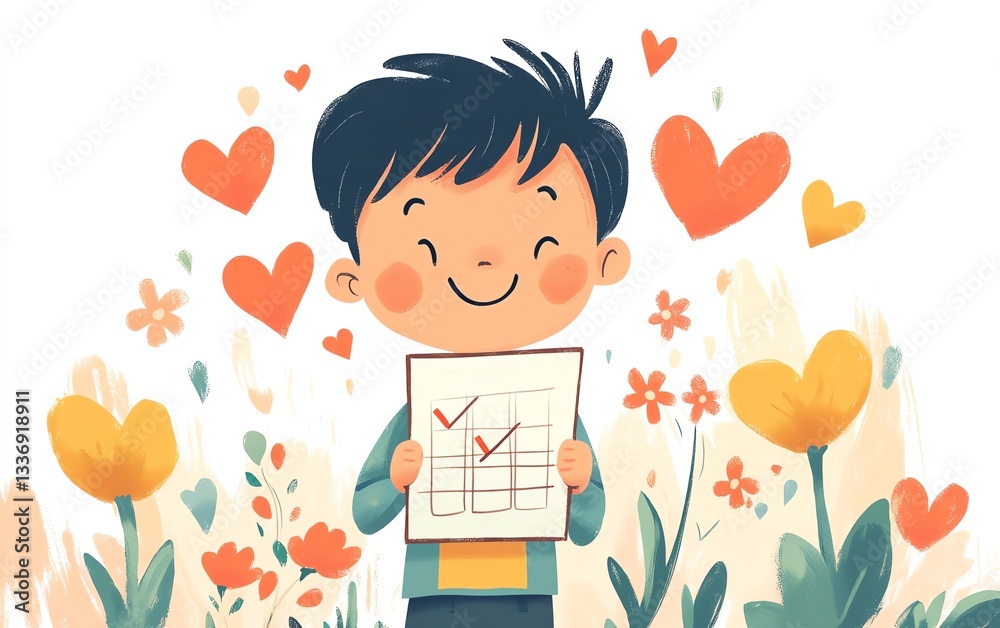A joyful boy holding a checkmarked paper, surrounded by colorful hearts and blooming flowers, symbolizing positivity and accomplishment A joyful boy holding a checkmarked paper, surrounded by colorful hearts and blooming flowers, symbolizing positivity and accomplishment