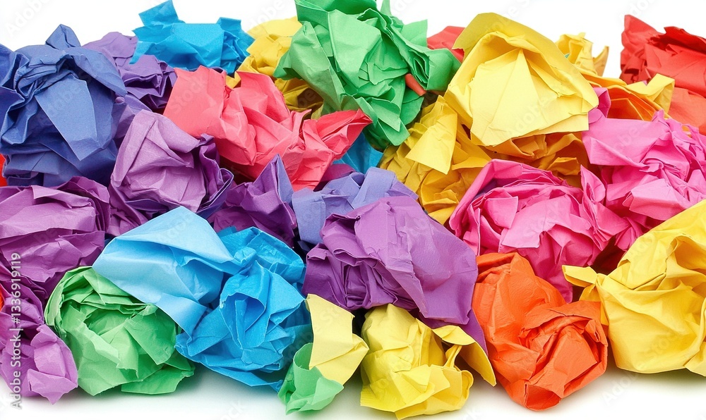 Colorful crumpled papers in a chaotic heap, showcasing a range of vibrant shades and textures Colorful crumpled papers in a chaotic heap, showcasing a range of vibrant shades and textures