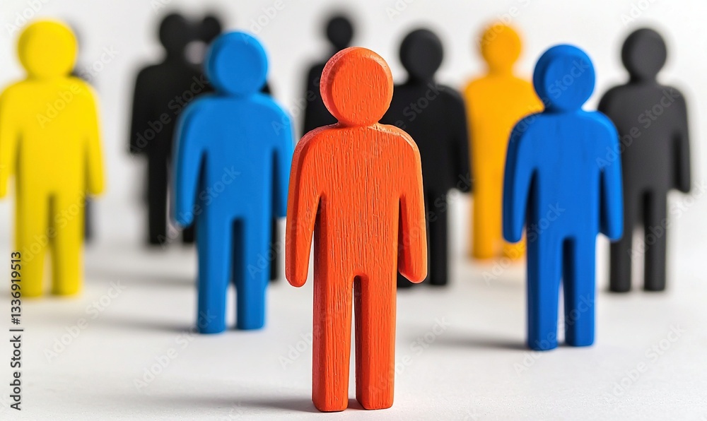 Colorful figurines stand out in a crowd; an orange figurine is in front with blue, yellow and black figurines behind Colorful figurines stand out in a crowd; an orange figurine is in front with blue, yellow and black figurines behind
