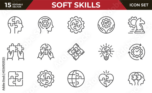 Soft skills line icon set, such as leadership, teamwork, problem solving, empathy and more. Editable stroke.