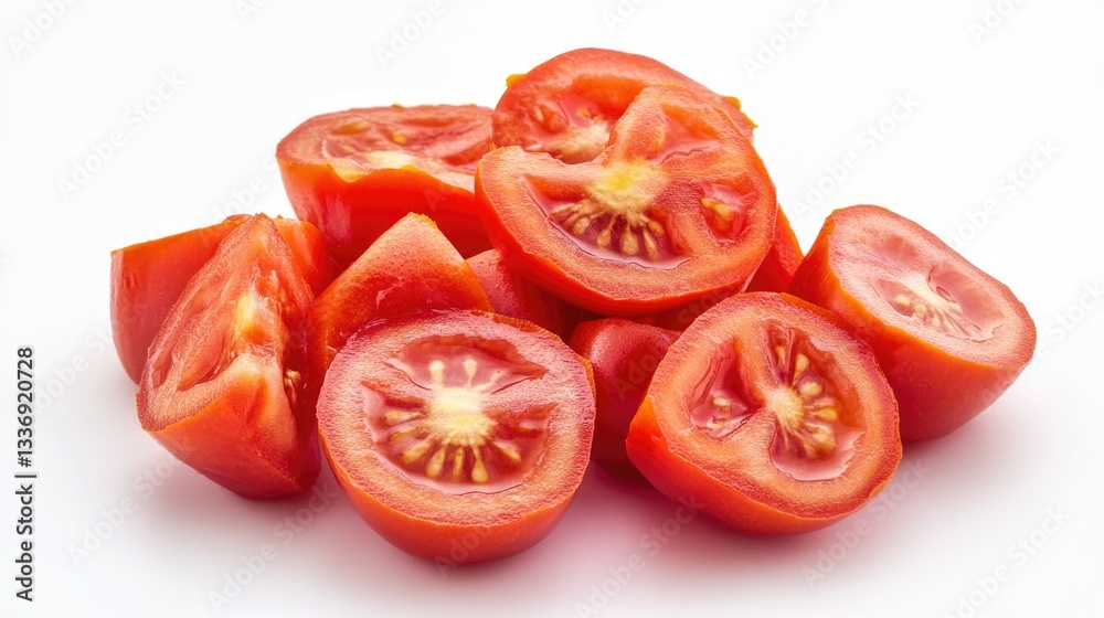 Freshly cut tomatoes arranged on a clean white surface, perfect for food photography and styling Freshly cut tomatoes arranged on a clean white surface, perfect for food photography and styling