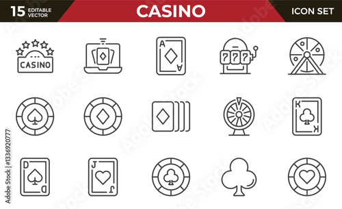 Casino line icon set. poker, card games. Playing cards, chips, lottery, roulette, slot machine. Outline icon collection.