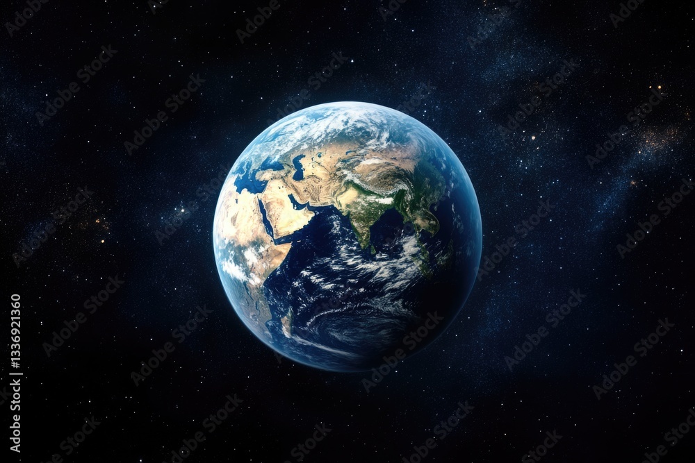 A stunning view of our planet from space, surrounded by twinkling stars A stunning view of our planet from space, surrounded by twinkling stars