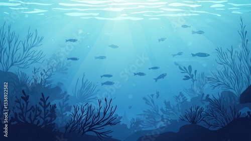 Underwater Scene Sunlight Coral Reef and Fish Silhouettes