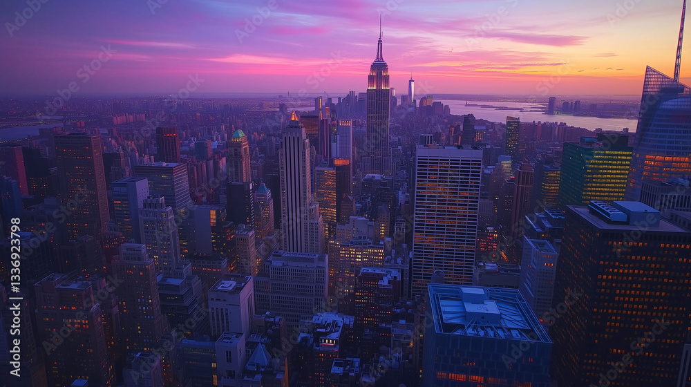Obraz premium Aerial View of New York City Skyline at Sunset with Glowing Skyscrapers