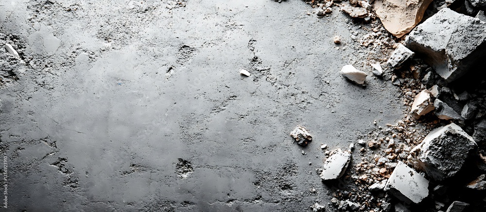 Concrete rubble strewn on dark surface
