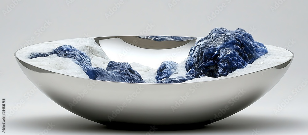 Silver bowl art; blue, white landscape