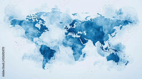 Fototapeta Naklejka Na Ścianę i Meble -  blue ink world map on white background, smokey fog watercolor atmosphere, global globe one world 2d illustration geography planet earth geographic illustration