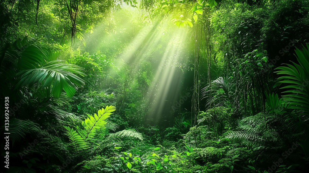Fototapeta premium Lush Jungle with Sunlight Filtering Through Dense Foliage, High-Angle View