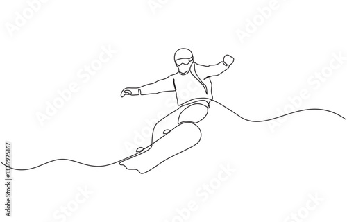 Continuous One Line Snowboarder Drawing Minimalist Winter Sports, Single line sketch drawing of man snowboarder ride speed at mountain. One line art of extreme sport winter snowboard vector.