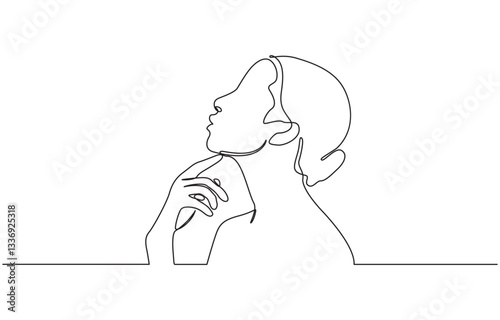 Continuous line drawing of beautiful woman touching her face, Continuous one line drawing of shocked young woman covering her face with hands. Vector illustration.