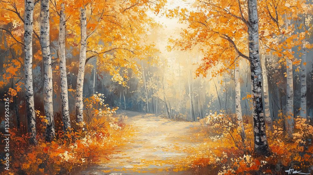 Fototapeta premium Vibrant Autumn Forest with Golden Leaves in Soft Morning Light