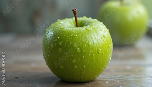 Green Apple, Fresh green apple with water droplets on blurred background, Close-up picture of juicy green apple