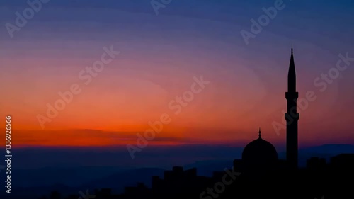 Wallpaper Mural Captivating silhouette of a mosque at sunset, showcasing intricate architecture against a backdrop of vibrant orange and purple hues. Perfect for themes of spirituality and tranquility. Torontodigital.ca