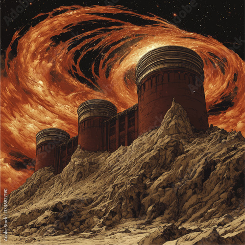 Epic Sci-Fi Castle with Spiral Galaxy Sky and Majestic Rocky Terrain - Futuristic Fantasy Architecture in Intense Red and Orange Astronomical Environment