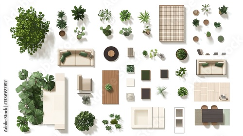 Kit for a workspace apartment house or office plan. Interior icon collection. Plant table chair and sofa. Symbol for the project or interior design