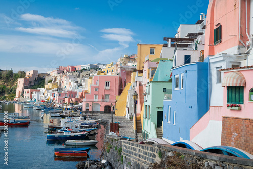 view of the narrow streets of old colorful houses in the center of the island Italy Naples, Procida island
