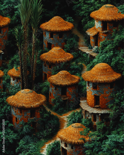 Ancient Tribal Village Vector Image: Rustic Thatched Roof Huts Nestled in Lush Jungle Landscape with Stone Structures and Exotic Flora for Cultural Illustration