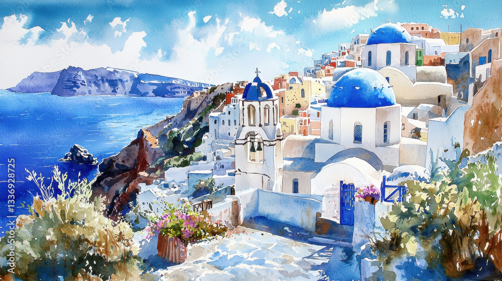 Fototapeta premium A breathtaking landscape captures the iconic white buildings with blue domes in Santorini, overlooking the sparkling Aegean Sea. Bright colors and idyllic scenery create tranquility