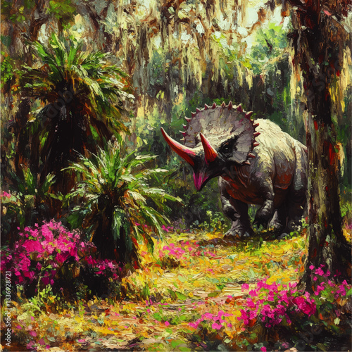 Enchanting Triceratops in Vibrant Prehistoric Jungle Vector Art with Lush Palms and Flowers - Artistic Dinosaur Illustration in Natural Forest Habitat