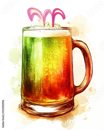 Vibrant Tropical Beer Mug Vector with Colorful Frothy Gradient and Playful Pink Straws Illustration - Perfect for Summer Party, Bar Decor, and Beverage Art Enthusiasts