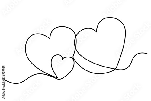 This minimalist graphic features three hearts intertwined with a single black line
