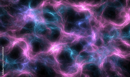 Electric pink and teal clouds intertwine, weaving a mystical, ethereal tapestry. Soft glows emanate throughout the nebulous expanse
