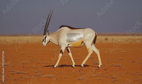 Elegant Oryx strides across the red desert landscape, contrasting with the pale blue sky