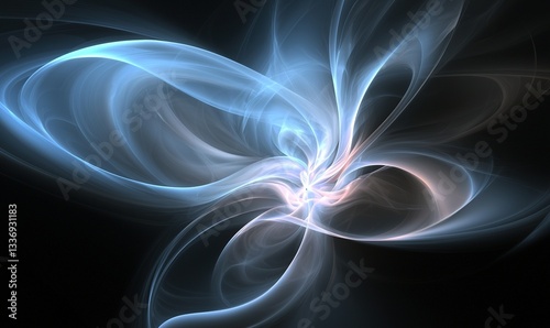 Ethereal abstract composition of flowing, light blue lines and soft pink hues creating a sense of swirling movement against a dark background