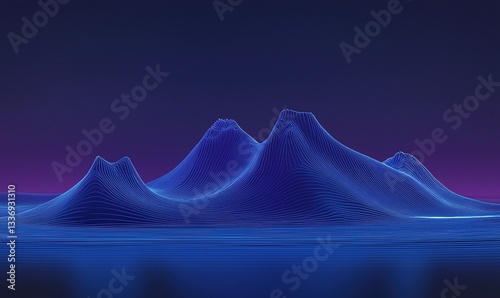 Ethereal blue landscape of wireframe mountains against a dark purple and blue gradient backdrop