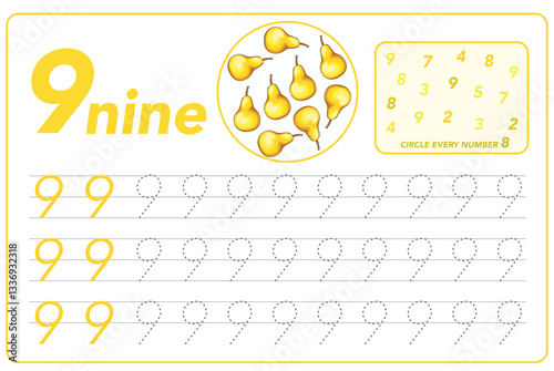 Children cards numbers. Kids Learning Material. Learning numbers, tracing number practice worksheet for kids learning. Play cards for kids learning maths. Mathematics cards for children with fruits