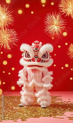 Festive lion dance performer stands amidst golden sparkles, celebrating against a radiant red backdrop. Celebratory vibes
