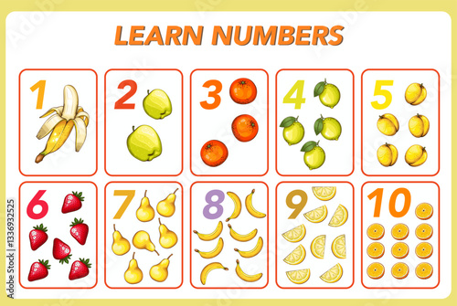Children cards numbers. Kids Learning Material. Learning numbers, tracing number practice worksheet for kids learning. Play cards for kids learning maths. Mathematics cards for children with fruits