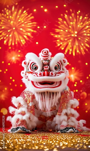 Festive lion dance puppet against a red backdrop with bursts of golden light. Celebratory, festive, and vibrant