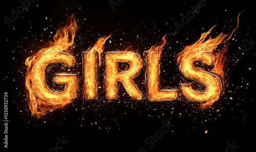 Fiery 'GIRLS' text on a black background, engulfed in vivid orange flames and glowing sparks