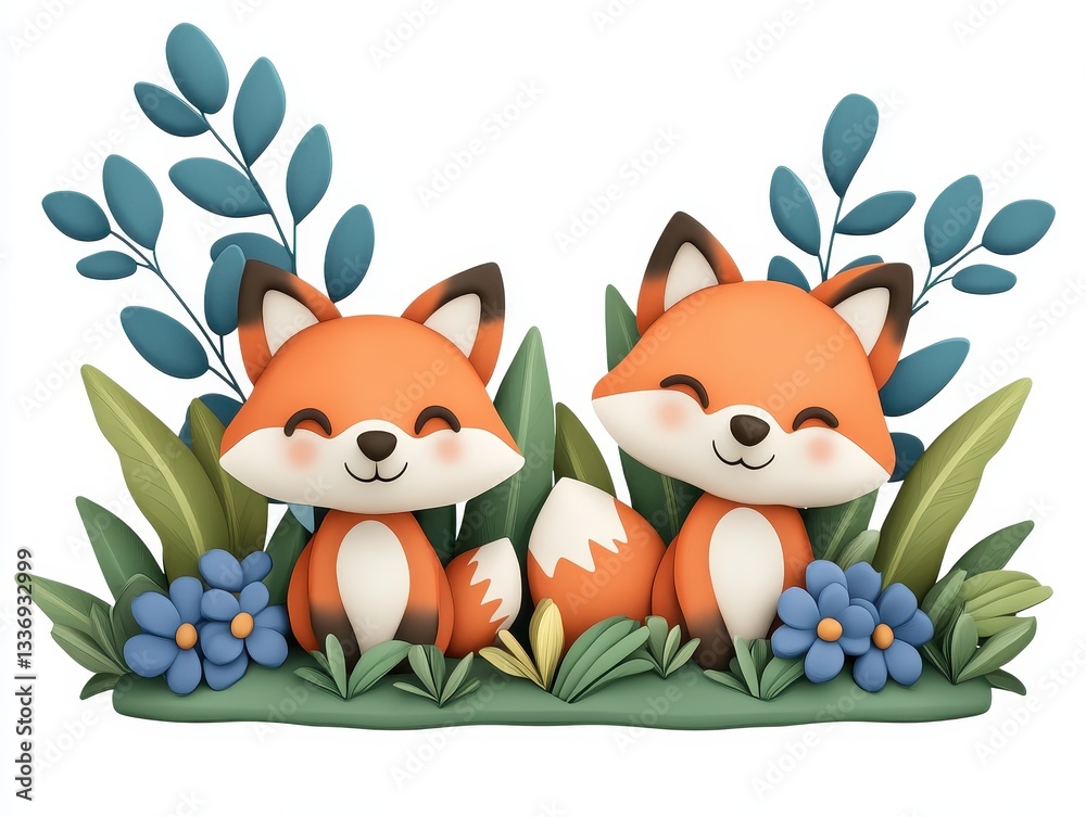 Two cheerful cartoon foxes surrounded by colorful flowers and greenery Two cheerful cartoon foxes surrounded by colorful flowers and greenery