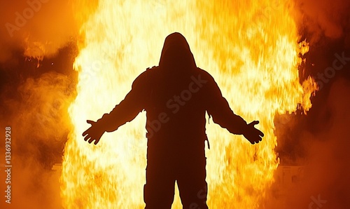 Figure silhouetted against a bright, intense, fiery explosion. Arms outstretched. Hooded figure. Dramatic, powerful