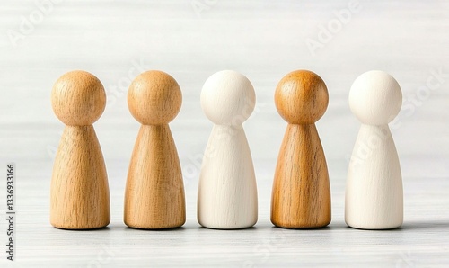 Five wooden figurines stand in a row, with alternating colors of light and dark on a softly patterned surface
