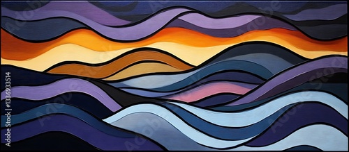 Abstract sunset landscape, wavy hills, colorful art