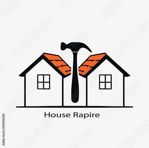 Adobe Illustrator ArtworkHome Repair Logo - Dual Houses with Orange Roofs, Central Hammer Design, and 'House Rapire' Text for Construction Branding