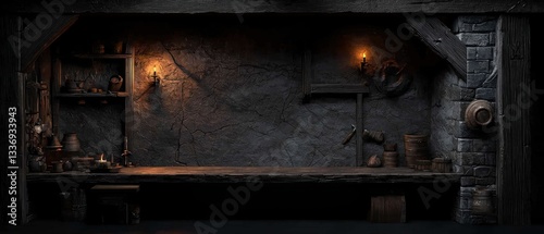 Dark medieval workshop interior with candlelight