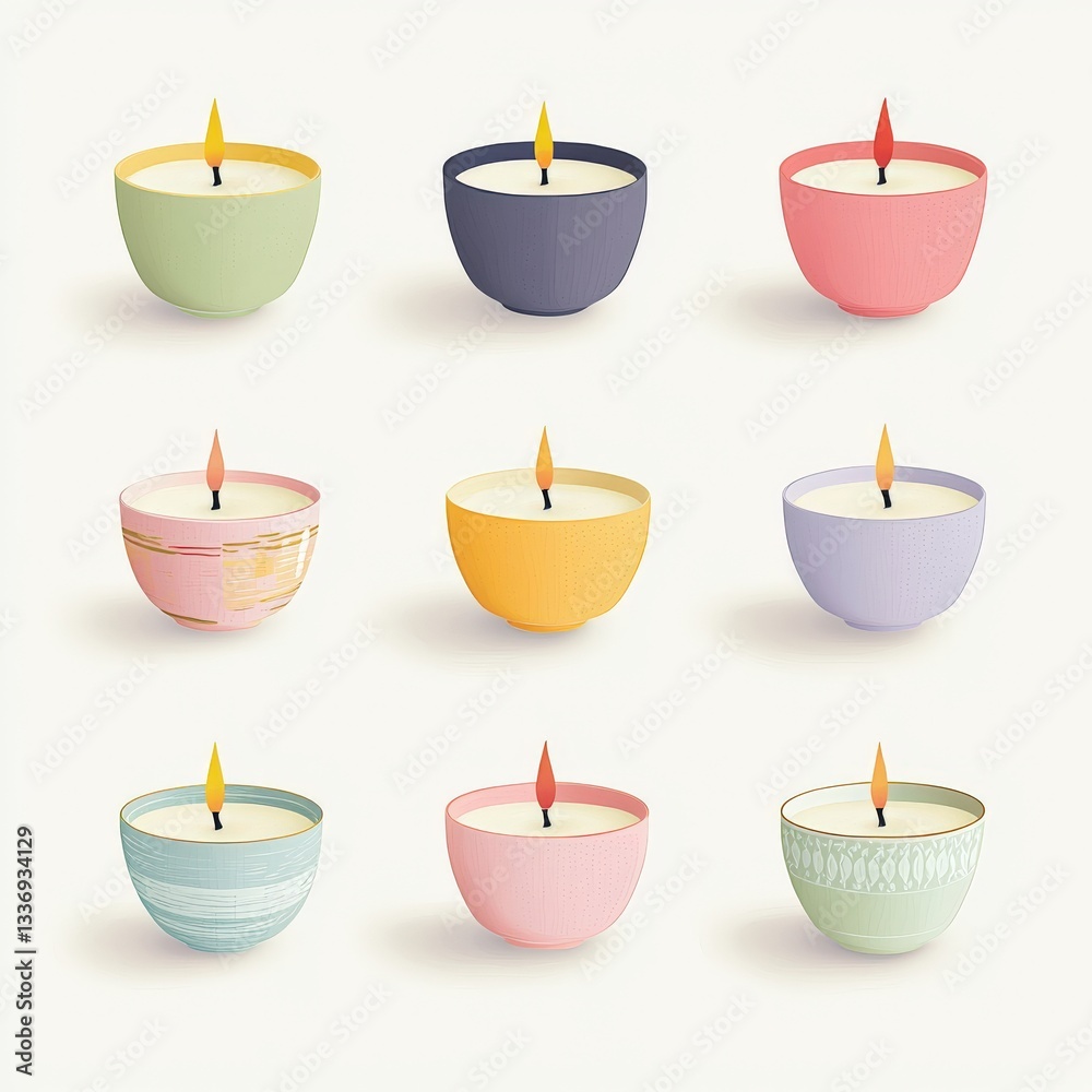 Colorful candles arranged in a grid, each in unique pastel bowls. Colorful candles arranged in a grid, each in unique pastel bowls.