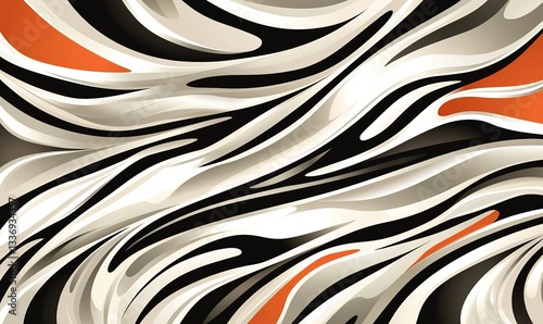 Fluid, dynamic abstract art with curving, organic shapes in white, black and orange shades creating smooth, elegant movement
